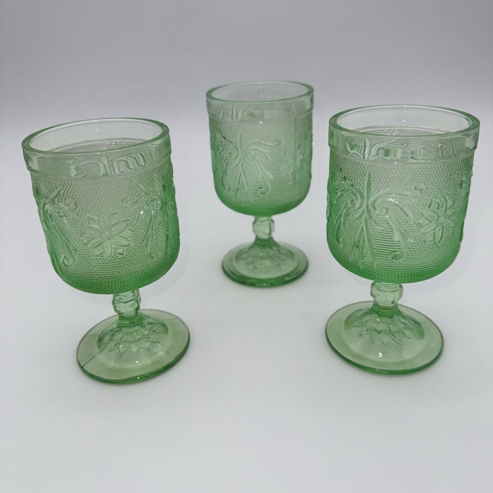 Vintage Set of 3 Green Glass Goblets Floral Scroll Mid Century Uranium Glow